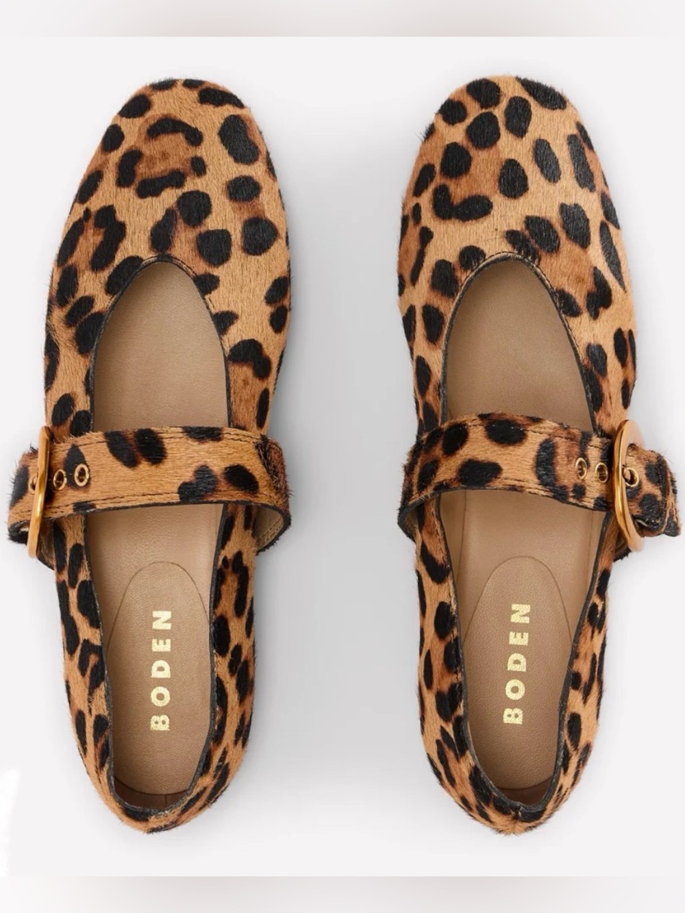 BODEN Kylie Leopard-Printy Flat Buckle Mary Jane Flats in Brown and Black, 40